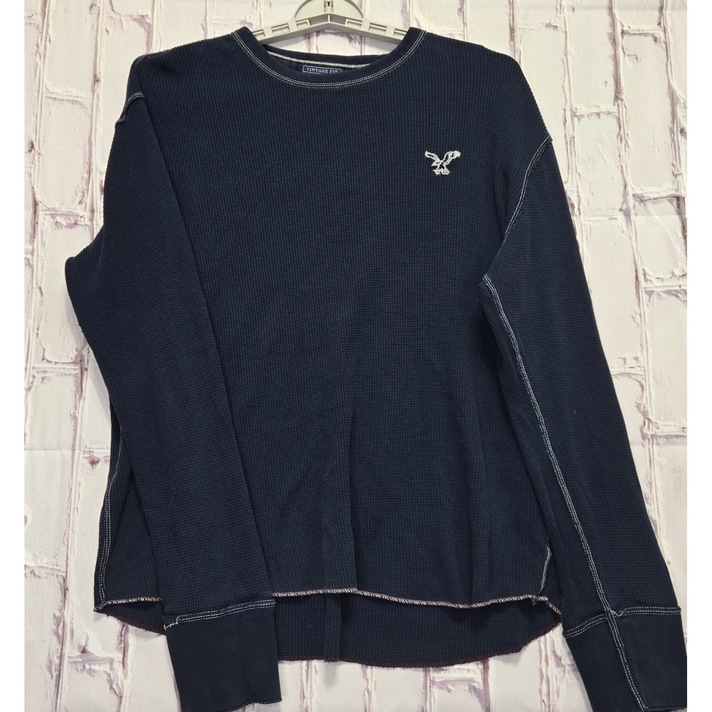 American Eagle Thermal Shirt Navy Blue Waffle Knit Logo Vintage Fit Mens Large